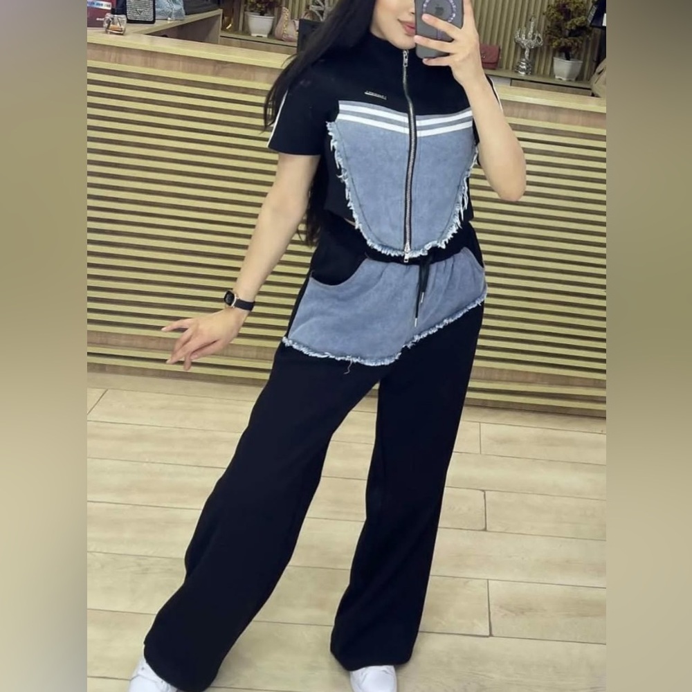 37. Denim Mix Fabric Short Sleeve Top and Pant Set